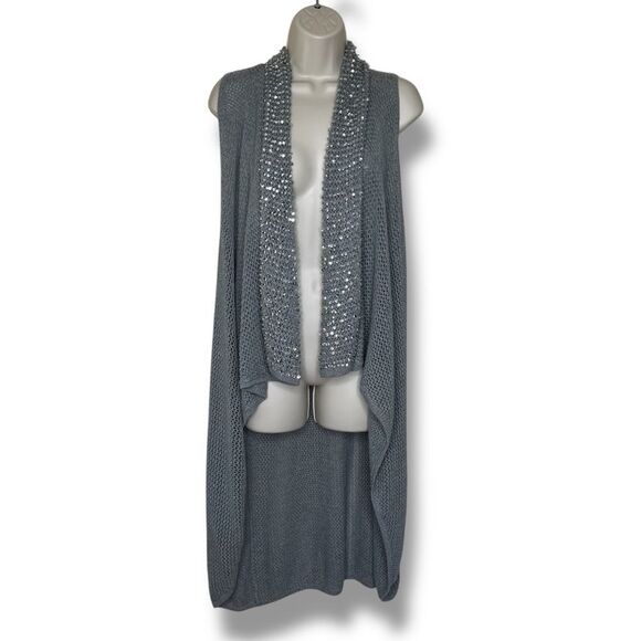 Gianni Bini Gray Duster Long Line Vest Sequin Beaded Waterfall Women Size Large - Picture 1 of 11